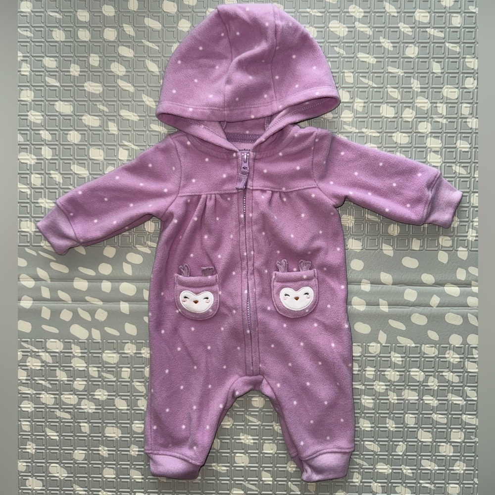 Carters Baby Girl Zip Up Hooded Onesie Newborn Purple & White
